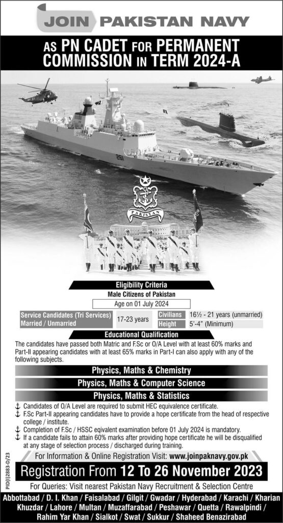 Join Pak Navy 2024 as PN Cadet Permanent Commission
