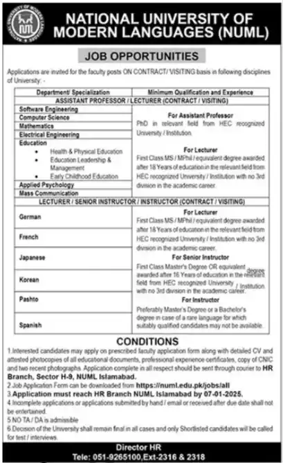 NUML University Islamabad Jobs 2025