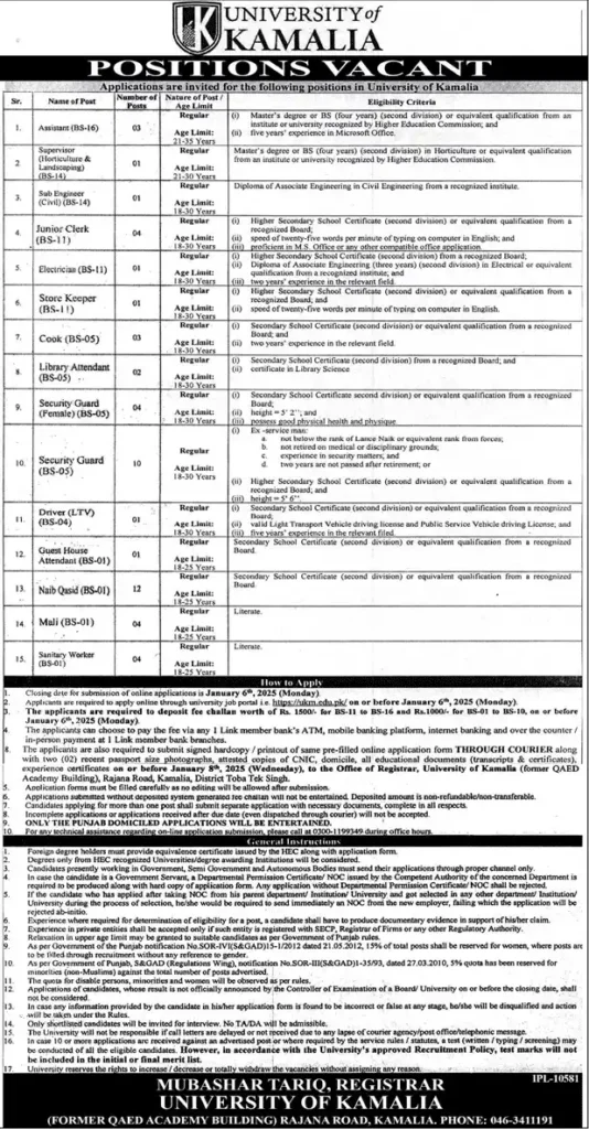 University of Kamalia Jobs 2025