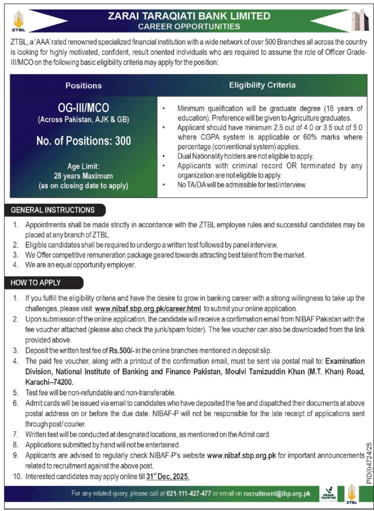ZTBL Officer Grade OG-III/MCO Jobs 2025